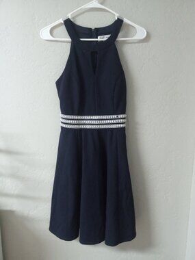 Emerald Sundae Navy Halter Fit & Flare Embellished Mini Dress